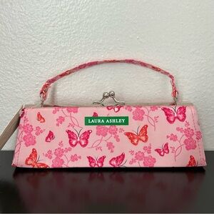 Laura Ashley Pink Butterfly Purse Floral Hard Case Pencil Bag Mini Clutch Y2K
